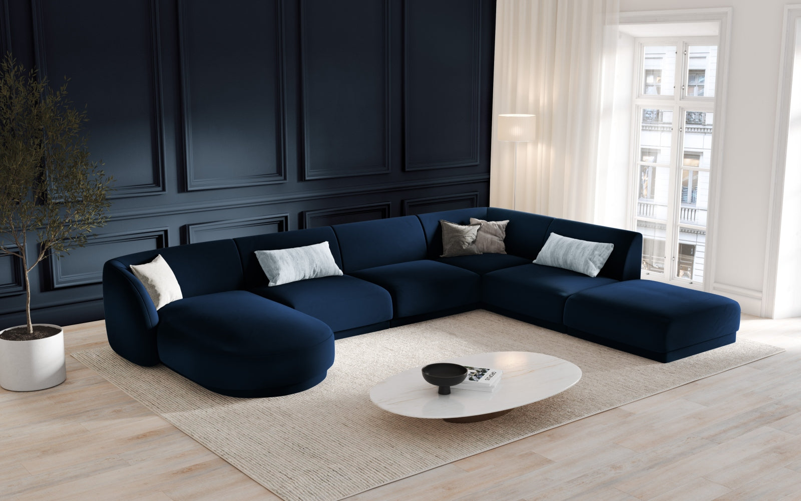 Elegantes Miley Velour Panoramic Ecksofa rechts in Royal Blue, ideal für stilvolle Wohnräume und gesellige Abende.