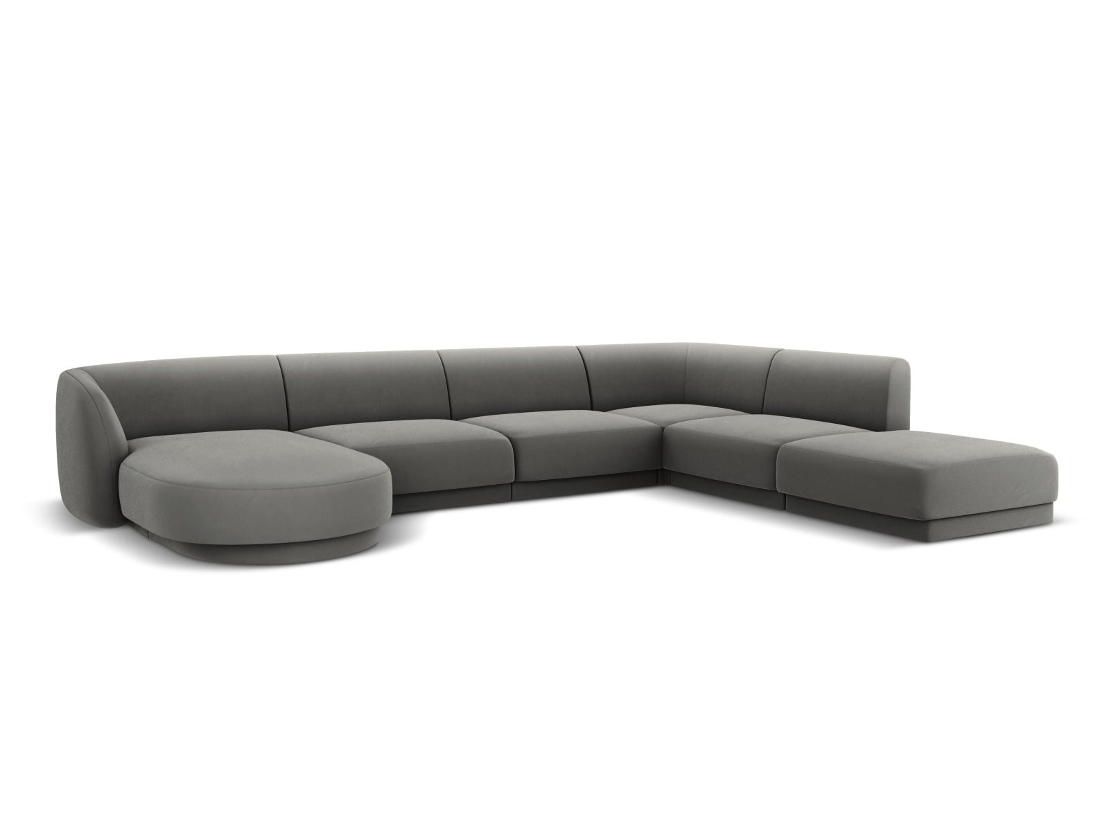 Modernes Miley Velour Panoramic Ecksofa rechts für 6 Personen in sanftem Light Grey-Bluvel, perfekt für gemütliche und stilvolle Wohnzimmer.