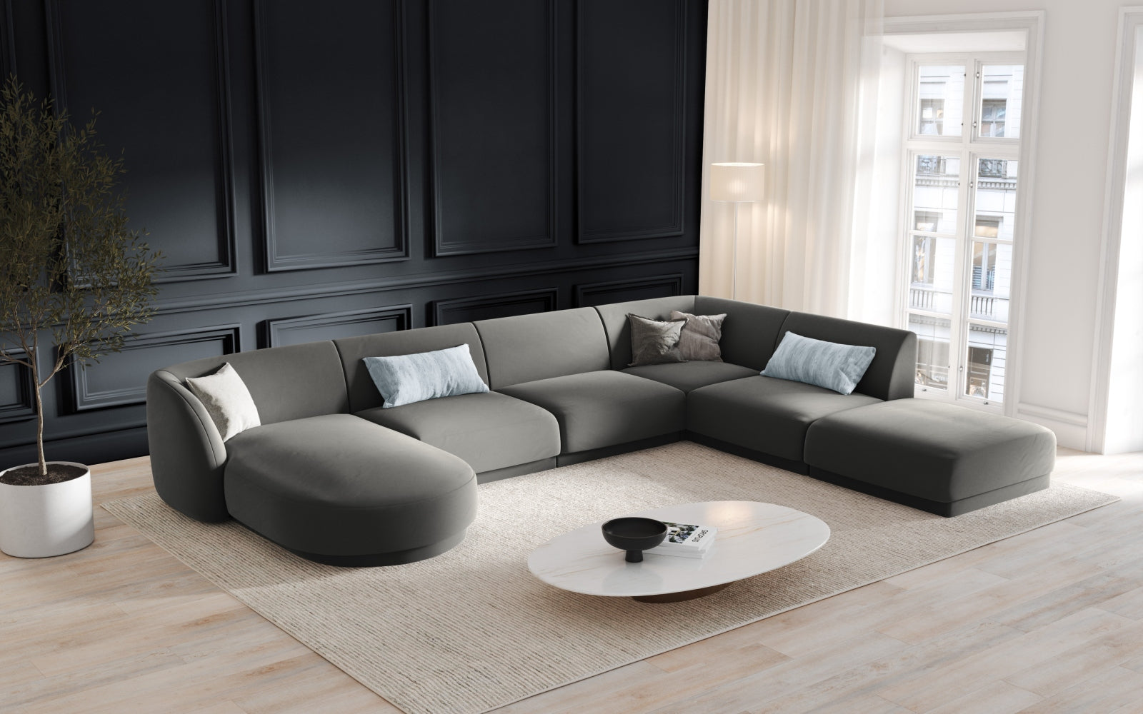 Elegantes Miley Velour Panoramic Ecksofa rechts für 6 Personen in sanftem Light Grey-Bluvel, ideal für stilvolle Wohnräume.