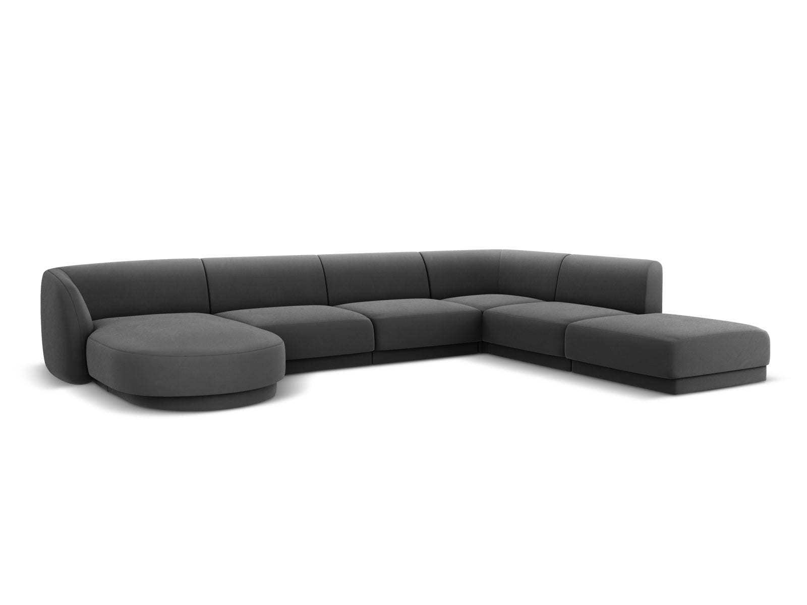 Luxuriöses Miley Velour Panoramic Ecksofa rechts für 6 Personen in trendigem Grau-Blau, perfekt für stilvolle Wohnzimmergestaltung.
