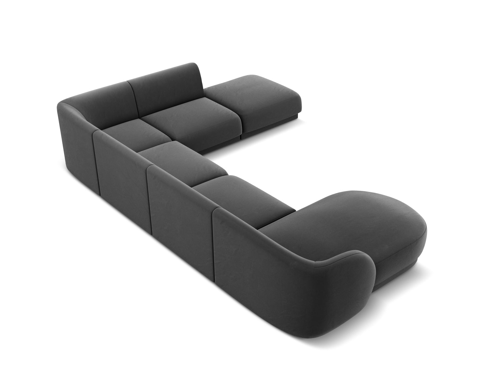 Elegantes Miley Velour Panoramic Ecksofa rechts für 6 Personen in modernem Grau-Blau, ideal für gemütliche und stilvolle Wohnräume.