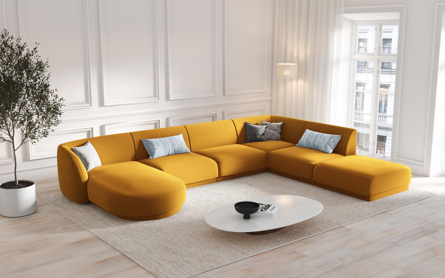 Elegantes Miley Velour Panoramic Ecksofa rechts für 6 Personen in stilvollem Gelb-Blau, ideal für moderne Wohnräume.