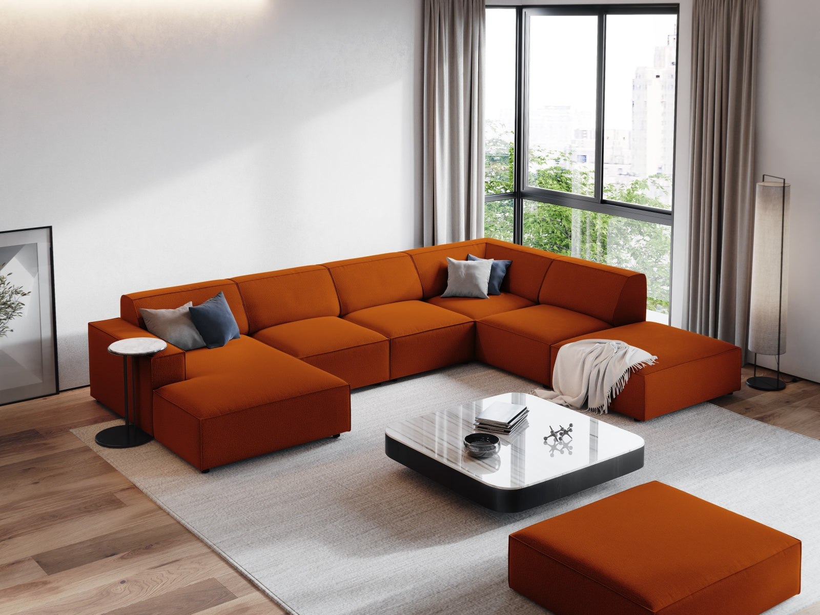 Entdecken Sie das stilvolle Jodie Ecksofa von Micadoni – ein 7-Sitzer mit modularem Design, ideal für Komfort und gesellige Abende.