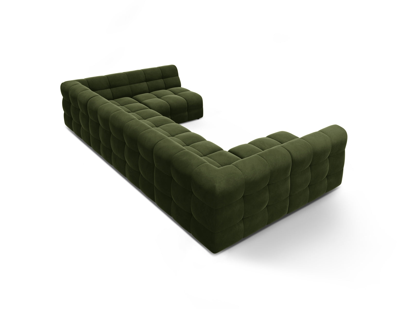 Elegantes Kendal Velour Panoramic Sofa in Army Green, 7-Sitzer, ideal für stilvolle Wohnräume und entspannte Stunden mit Freunden.