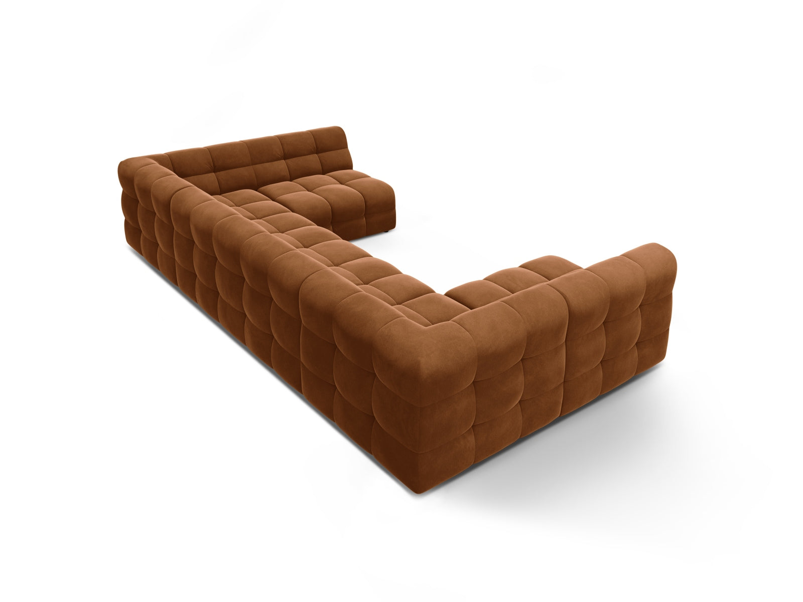 Elegantes Kendal Velour Panoramic Sofa in warmem Camel, 7-Sitzer, ideal für stilvolle Wohnräume und gesellige Abende.