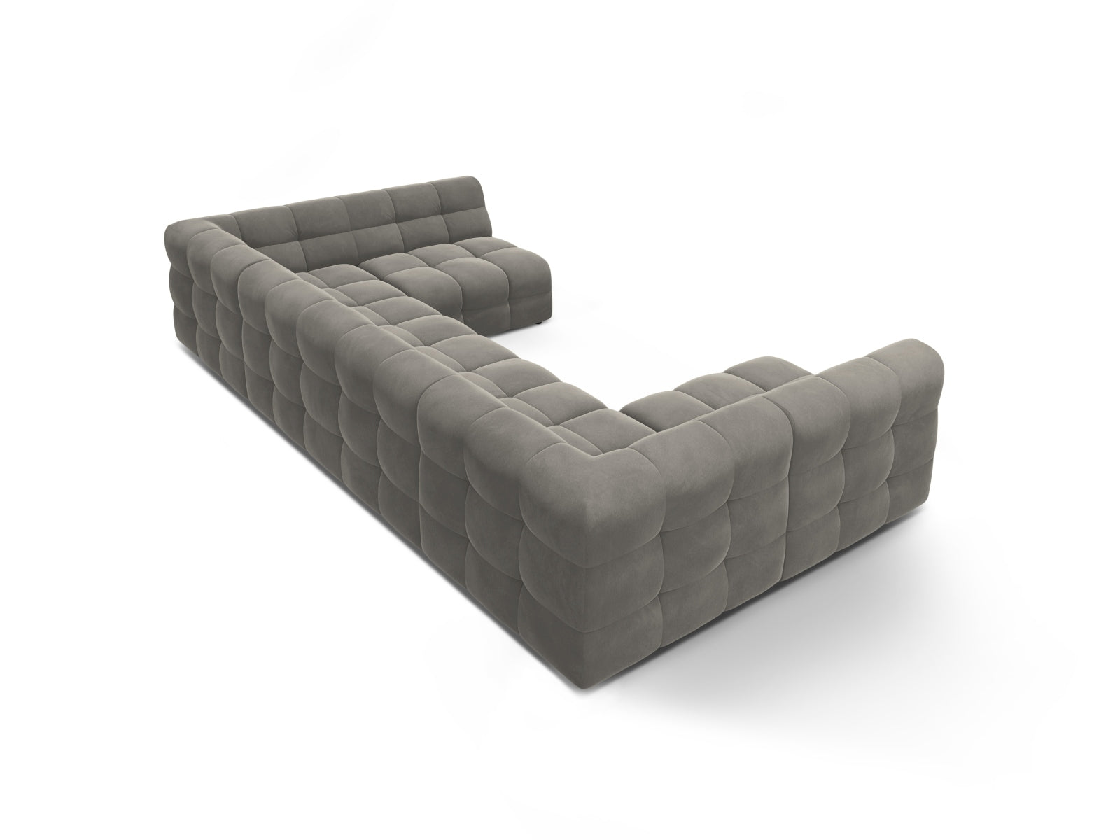Elegantes Kendal Velour Panoramic Sofa in stilvollem Dunkelgrau, großzügiger 7-Sitzer von Micadoni, perfekt für entspannte Abende mit Freunden.