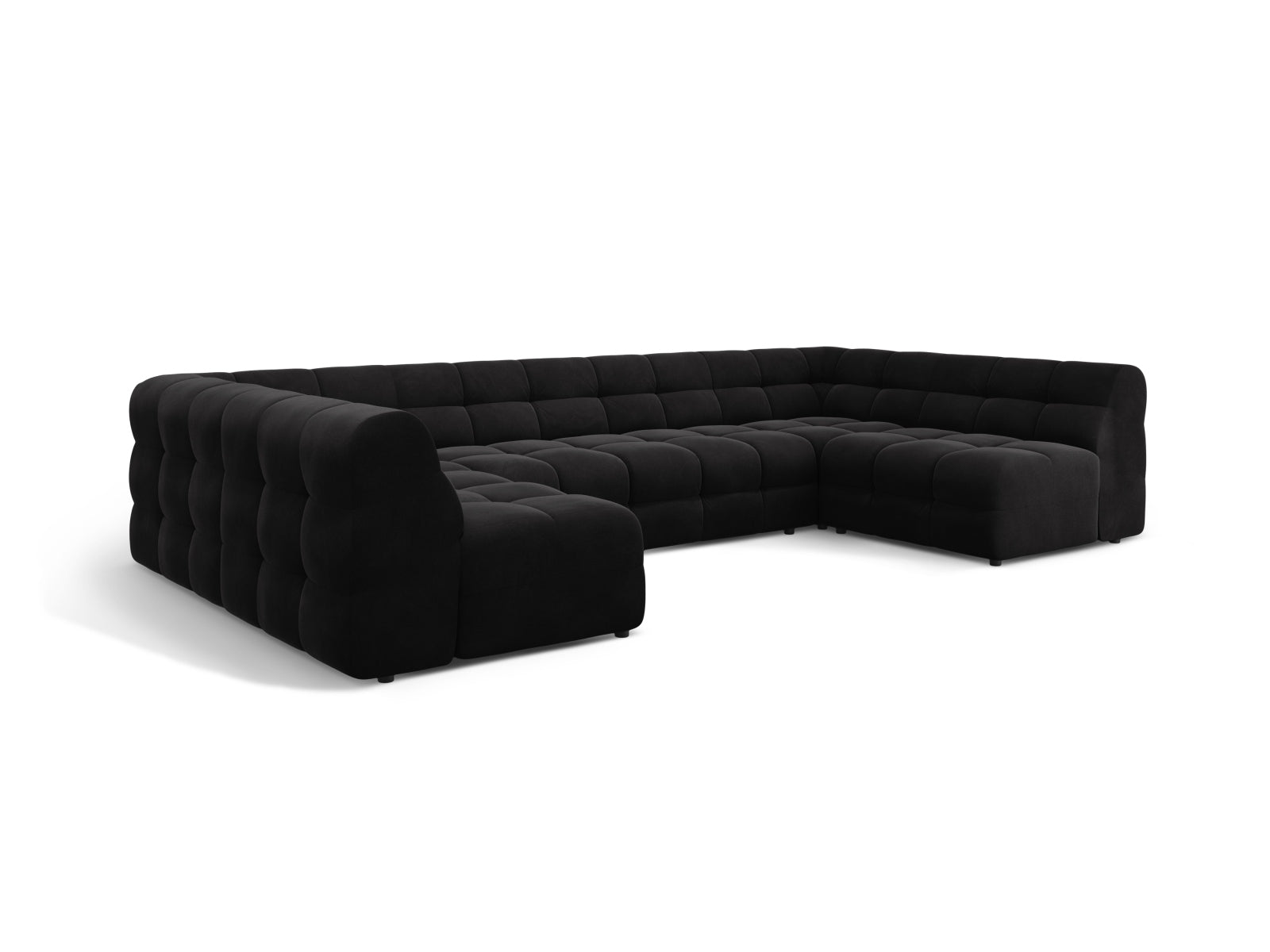 Luxuriöses Kendal Velour Panoramic Sofa für 7 Personen in edlem Schwarz, perfekt für gesellige Runden und stilvolle Einrichtung.