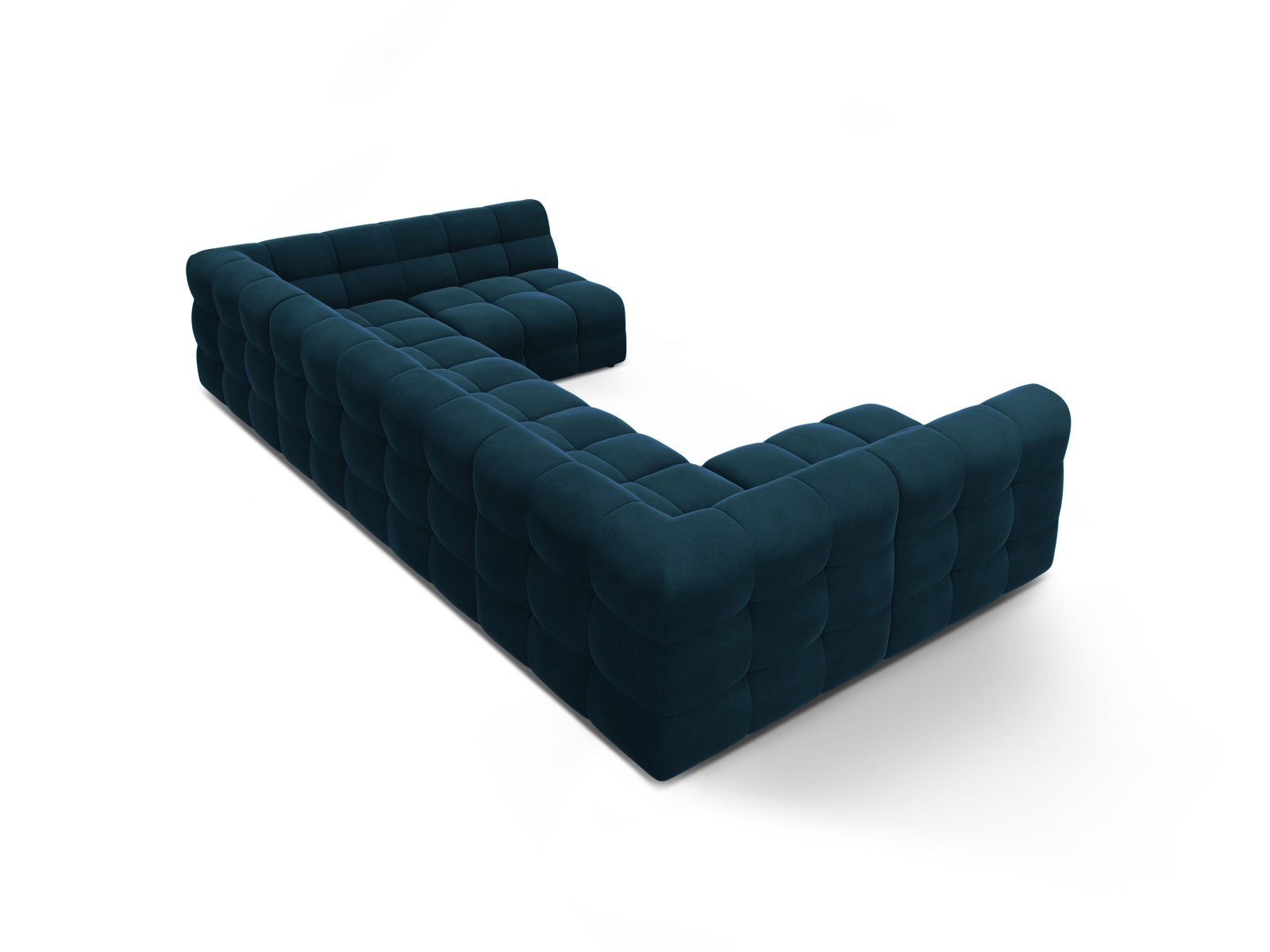 Elegantes Kendal Velour Panoramic Sofa in sattem Blau, 7-Sitzer, ideal für stilvolle Wohnräume und gemütliche Zusammenkünfte.