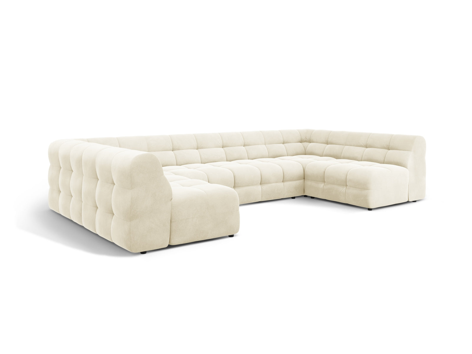 Luxuriöses Kendal Velour Panoramic Sofa in sanftem Ivory, 7-Sitzer, perfekt für moderne Wohnzimmer und gemütliche Zusammenkünfte.