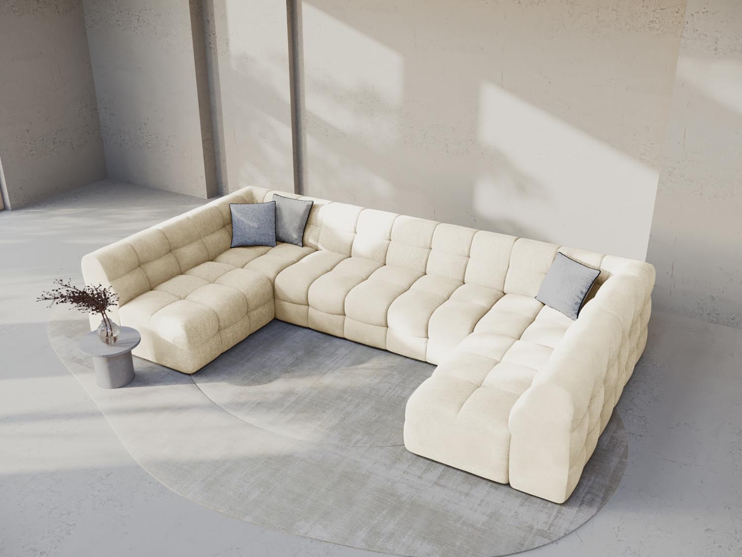 Elegantes Kendal Velour Panoramic Sofa in Ivory, 7-Sitzer, ideal für stilvolle Wohnräume, präsentiert von Micadoni.
