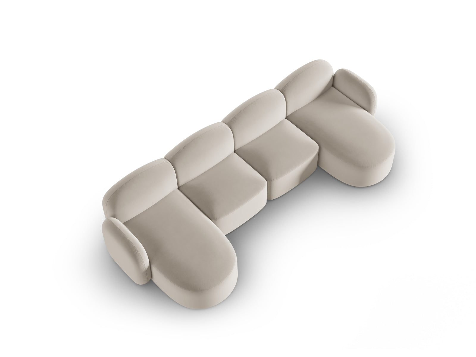 Elegantes 6-Sitzer Blair Velour Panoramic Sofa in sanftem Ecru, ideal für moderne Wohnräume und gemütliche Zusammenkünfte.