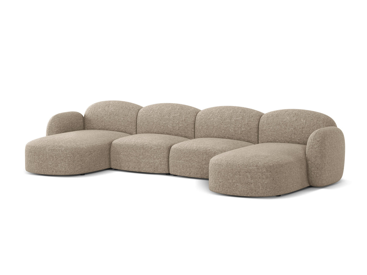 Blair Panoramasofa von Micadoni, 5er Sofa mit Massivholzrahmen, Chenille-Bezug Eden Beige und schwarzen Kunststoffbeinen, Ansicht von vorne.