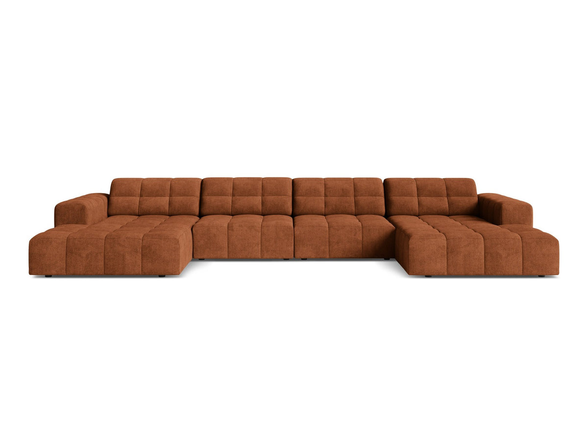 Panoramasofa Jennifer von Micadoni in leichtem Beige, grosses Ecksofa mit Stoffbezug Bluvel 22 und schwarzen Kunststoffbeinen.