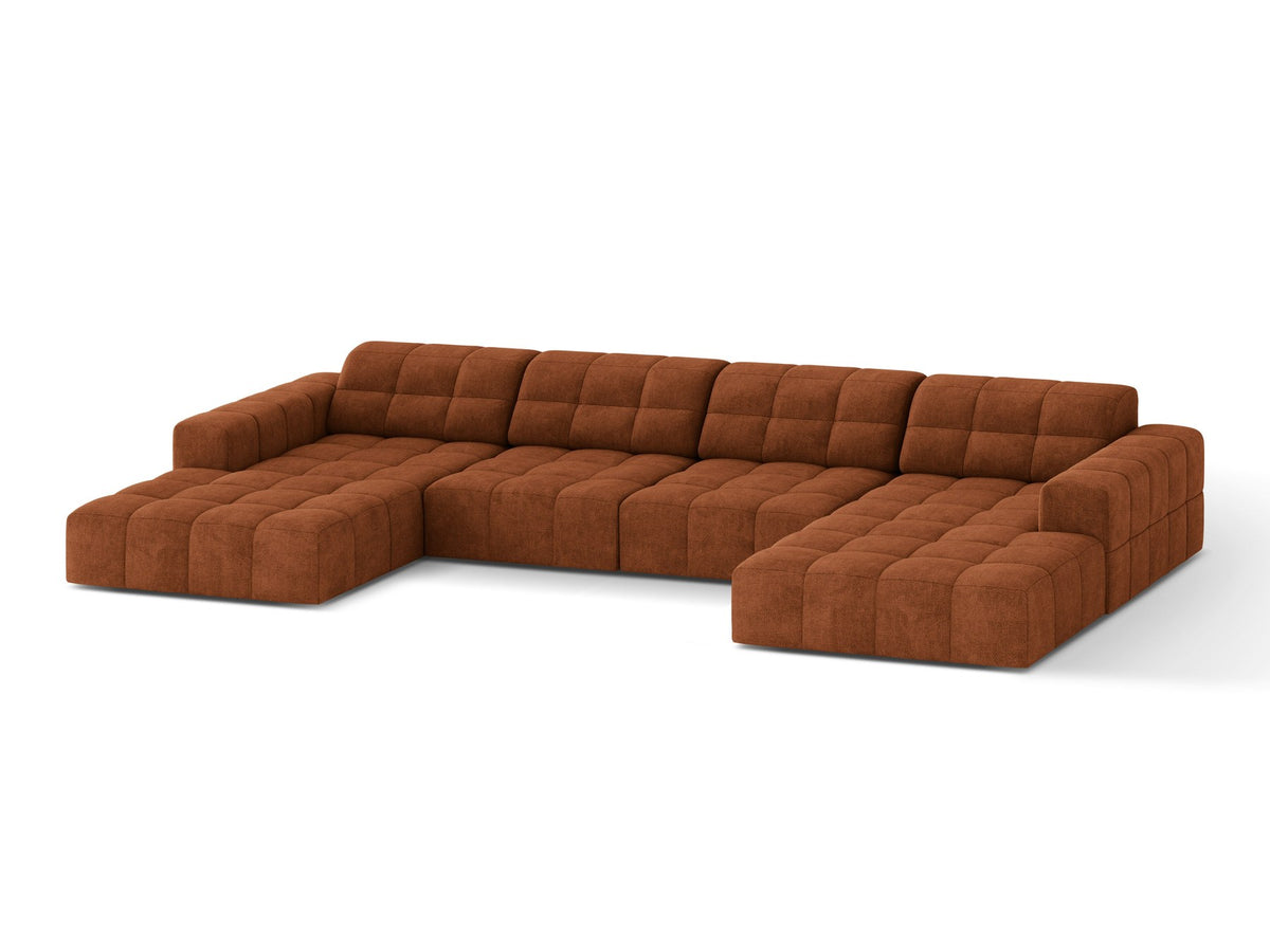 Panoramasofa Jennifer von Micadoni in leichtem Beige, grosses Ecksofa mit Stoffbezug Bluvel 22 und schwarzen Kunststoffbeinen.