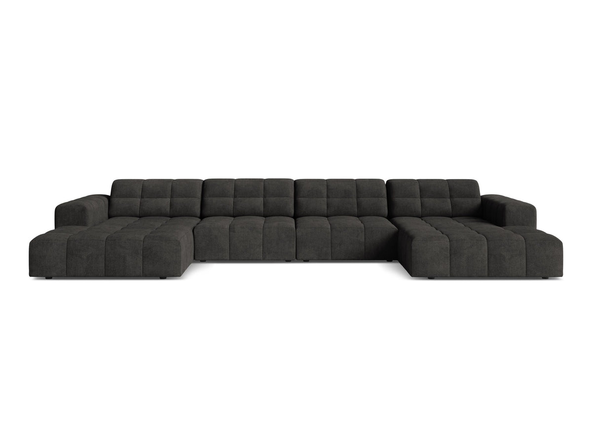 Panoramasofa Jennifer von Micadoni in leichtem Beige, grosses Ecksofa mit Stoffbezug Bluvel 22 und schwarzen Kunststoffbeinen.