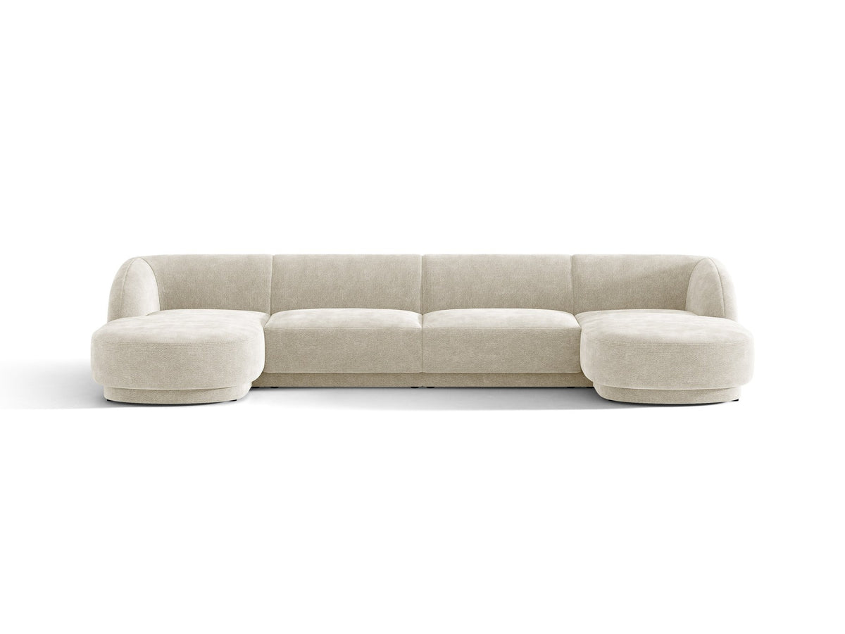 Dunkelbeiges Panorama-Ecksofa Miley von Micadoni mit Bluvel-Stoffbezug, L-Form, schwarzen Kunststoffbeinen und niedriger Rückenlehne.