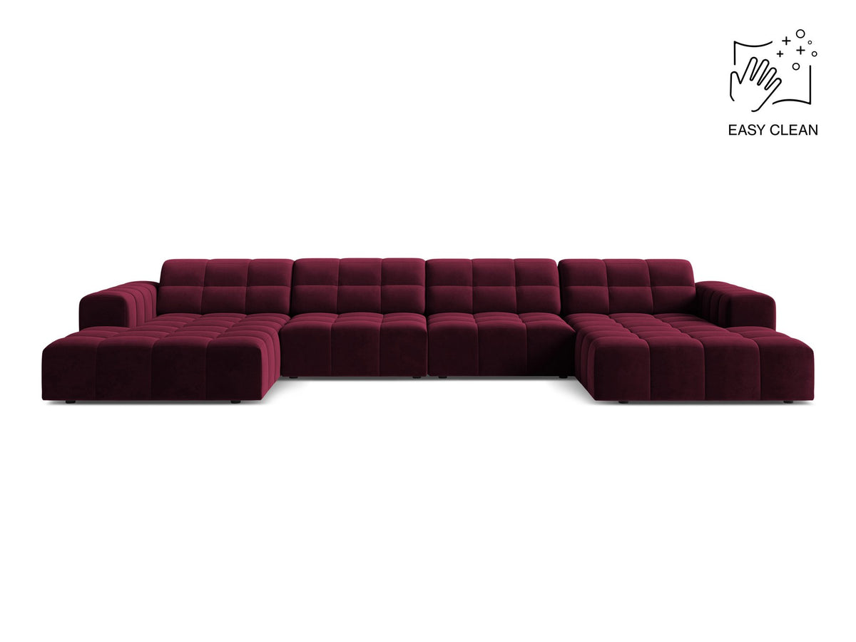 Panoramasofa Jennifer von Micadoni in leichtem Beige, grosses Ecksofa mit Stoffbezug Bluvel 22 und schwarzen Kunststoffbeinen.
