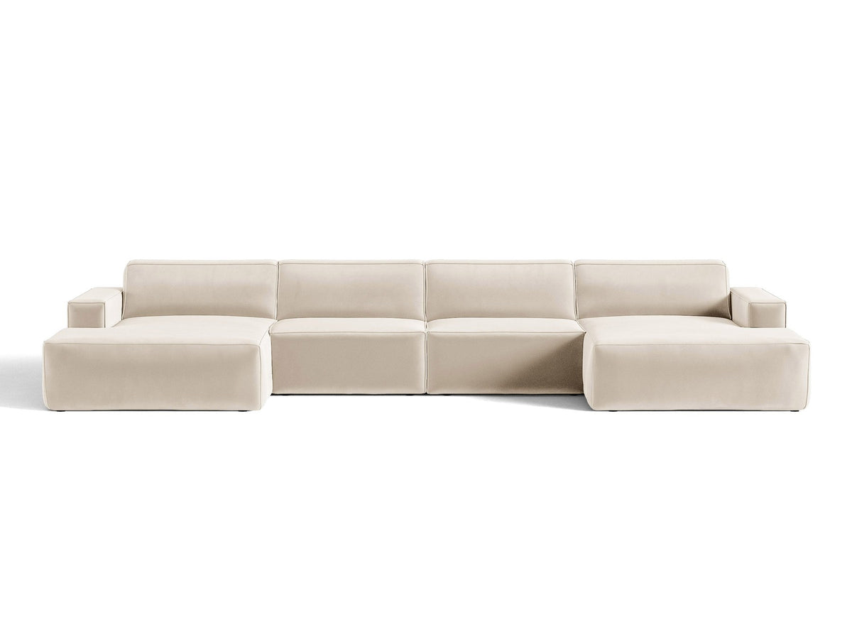 Modulares Panoramasofa Jodie von Micadoni, Ecksofa in Leichtes Beige mit Samtbezug Venus und schwarzen Kunststoffbeinen