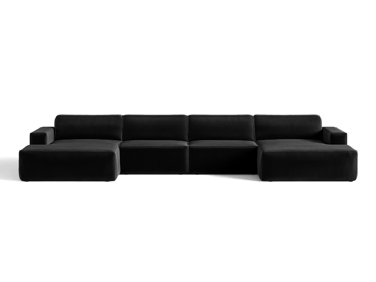 Modulares Panoramasofa Jodie von Micadoni, Ecksofa in Leichtes Beige mit Samtbezug Venus und schwarzen Kunststoffbeinen