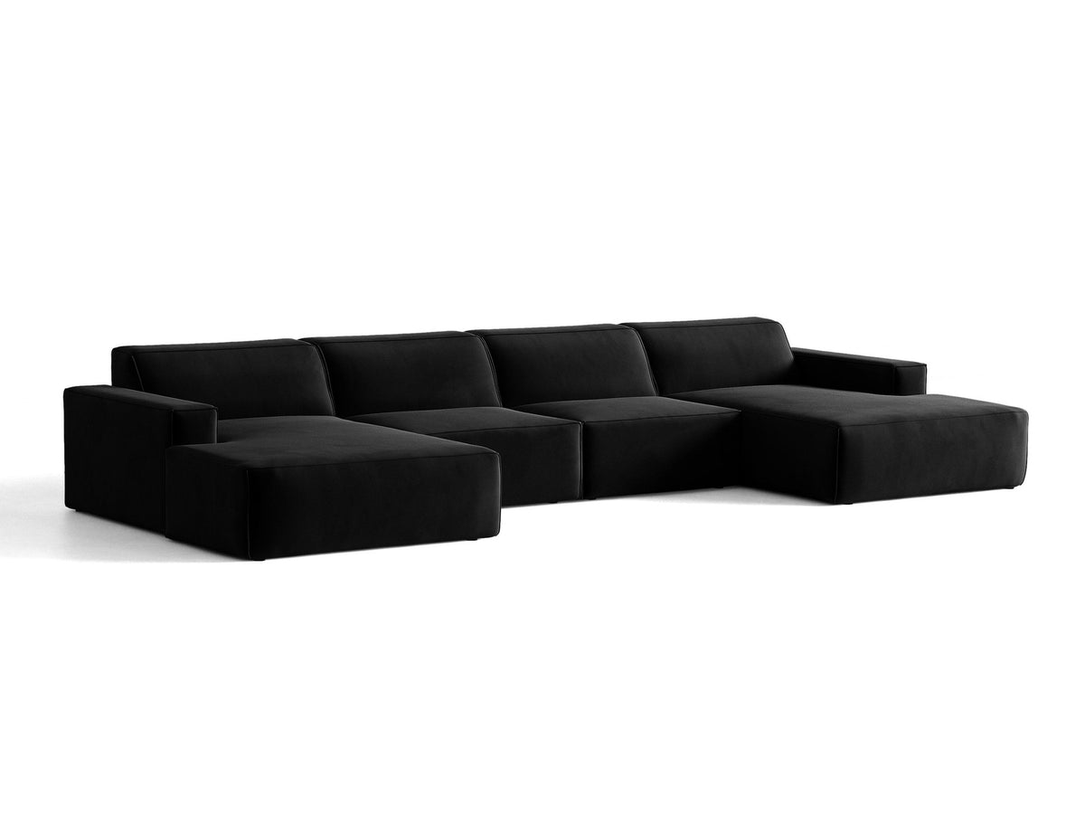 Modulares Panoramasofa Jodie von Micadoni, Ecksofa in Leichtes Beige mit Samtbezug Venus und schwarzen Kunststoffbeinen