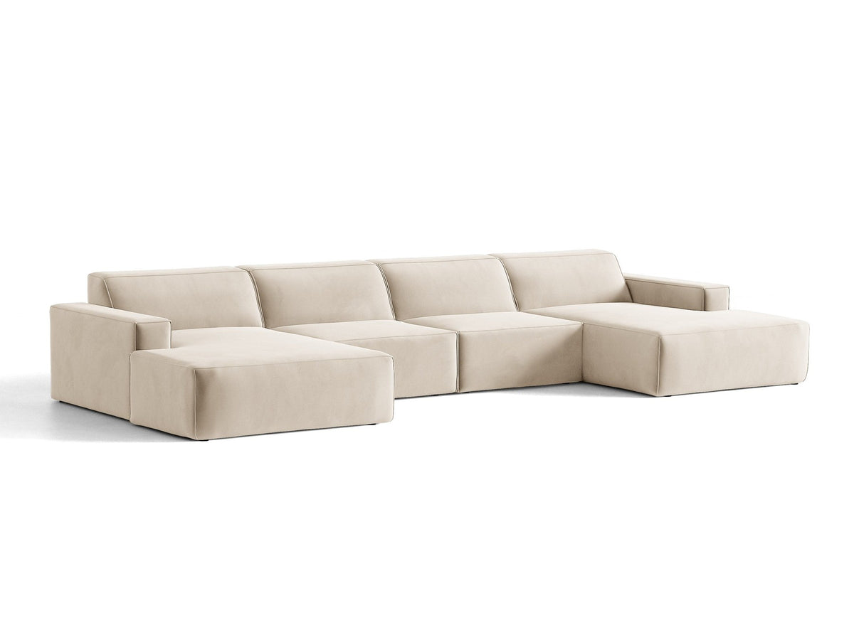 Modulares Panoramasofa Jodie von Micadoni, Ecksofa in Leichtes Beige mit Samtbezug Venus und schwarzen Kunststoffbeinen