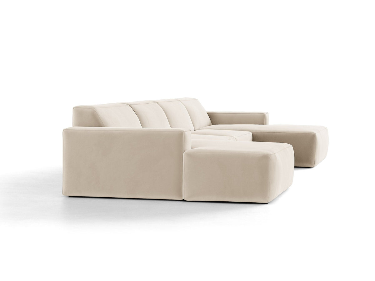 Modulares Panoramasofa Jodie von Micadoni, Ecksofa in Leichtes Beige mit Samtbezug Venus und schwarzen Kunststoffbeinen