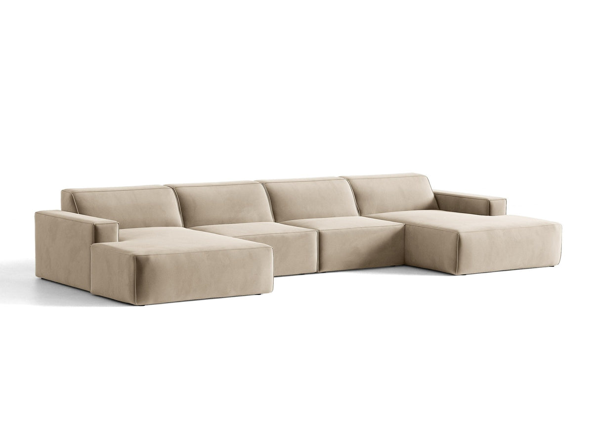 Modulares Panoramasofa Jodie von Micadoni, Ecksofa in Leichtes Beige mit Samtbezug Venus und schwarzen Kunststoffbeinen
