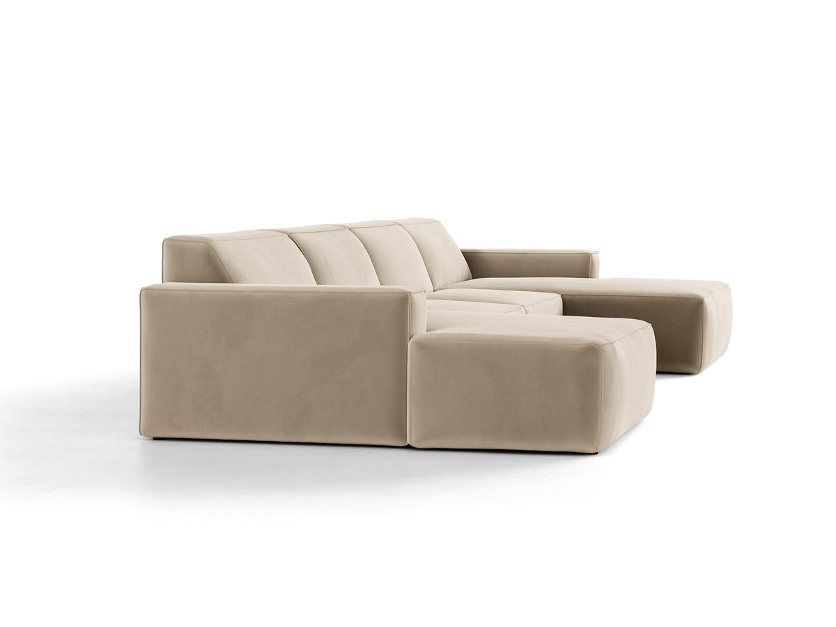Modulares Panoramasofa Jodie von Micadoni, Ecksofa in Leichtes Beige mit Samtbezug Venus und schwarzen Kunststoffbeinen