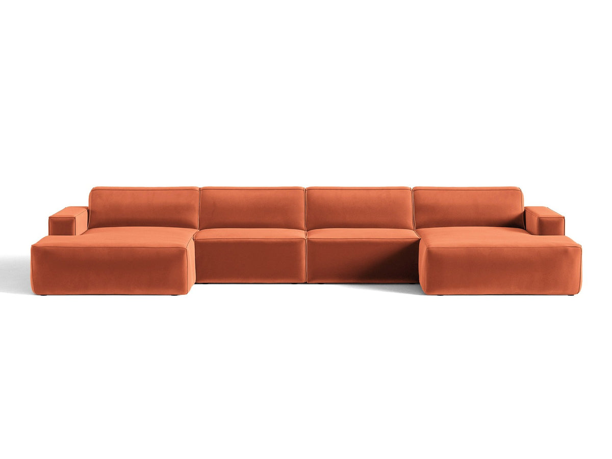 Modulares Panoramasofa Jodie von Micadoni, Ecksofa in Leichtes Beige mit Samtbezug Venus und schwarzen Kunststoffbeinen