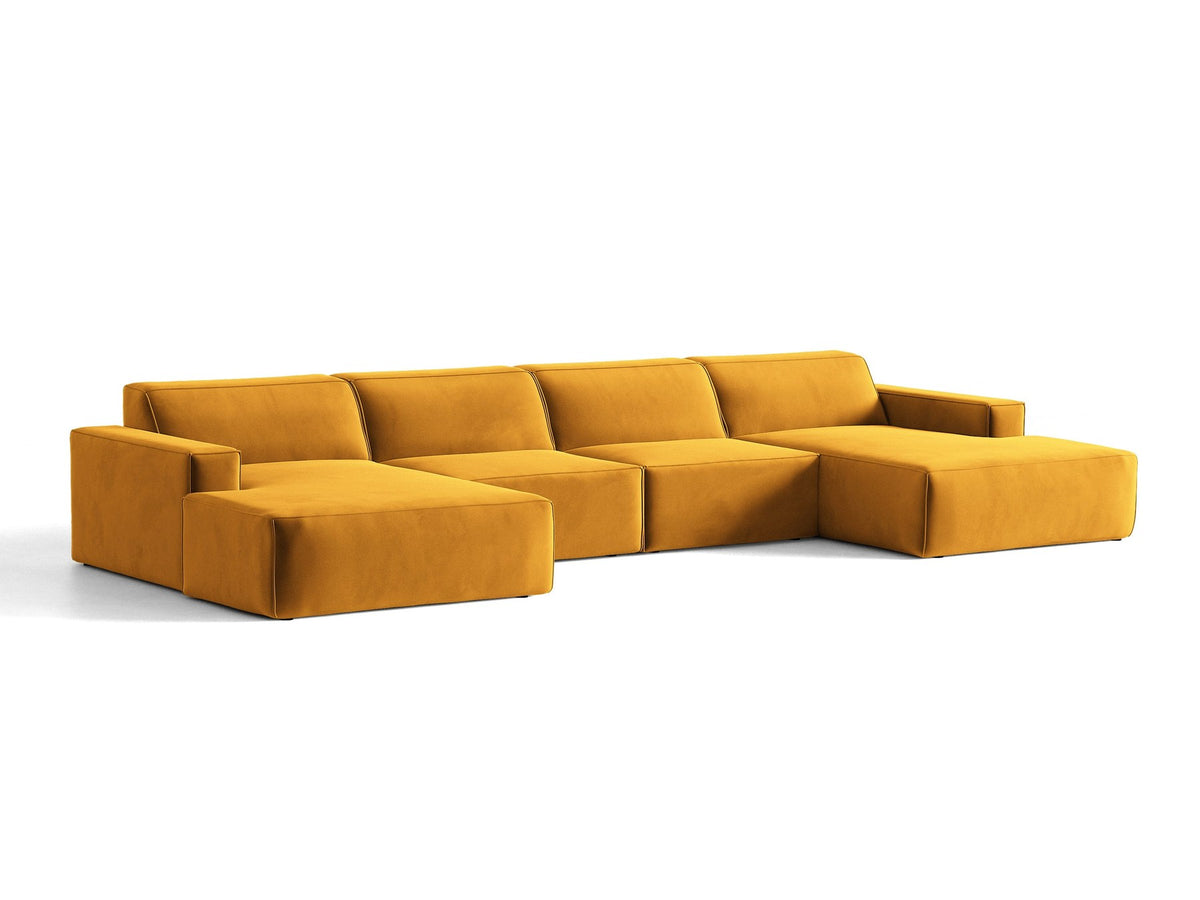 Modulares Panoramasofa Jodie von Micadoni, Ecksofa in Leichtes Beige mit Samtbezug Venus und schwarzen Kunststoffbeinen