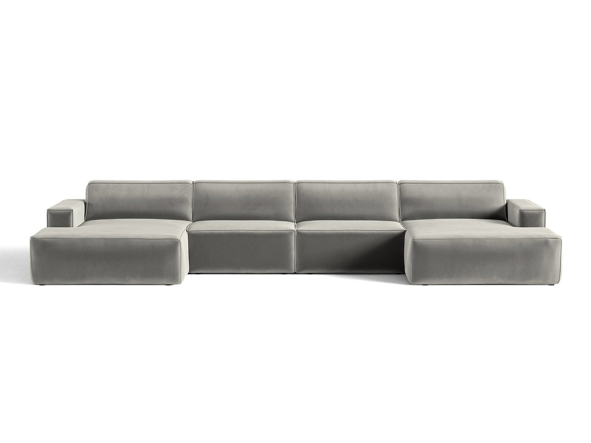 Modulares Panoramasofa Jodie von Micadoni, Ecksofa in Leichtes Beige mit Samtbezug Venus und schwarzen Kunststoffbeinen