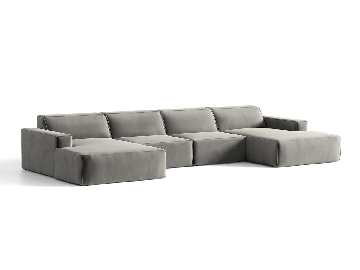 Modulares Panoramasofa Jodie von Micadoni, Ecksofa in Leichtes Beige mit Samtbezug Venus und schwarzen Kunststoffbeinen