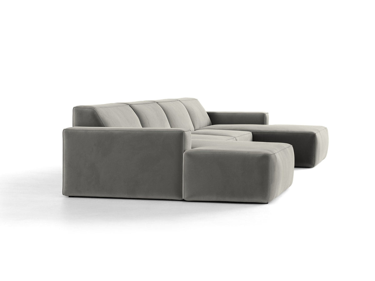 Modulares Panoramasofa Jodie von Micadoni, Ecksofa in Leichtes Beige mit Samtbezug Venus und schwarzen Kunststoffbeinen