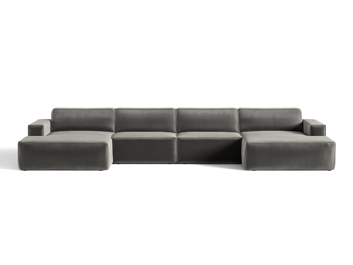 Modulares Panoramasofa Jodie von Micadoni, Ecksofa in Leichtes Beige mit Samtbezug Venus und schwarzen Kunststoffbeinen