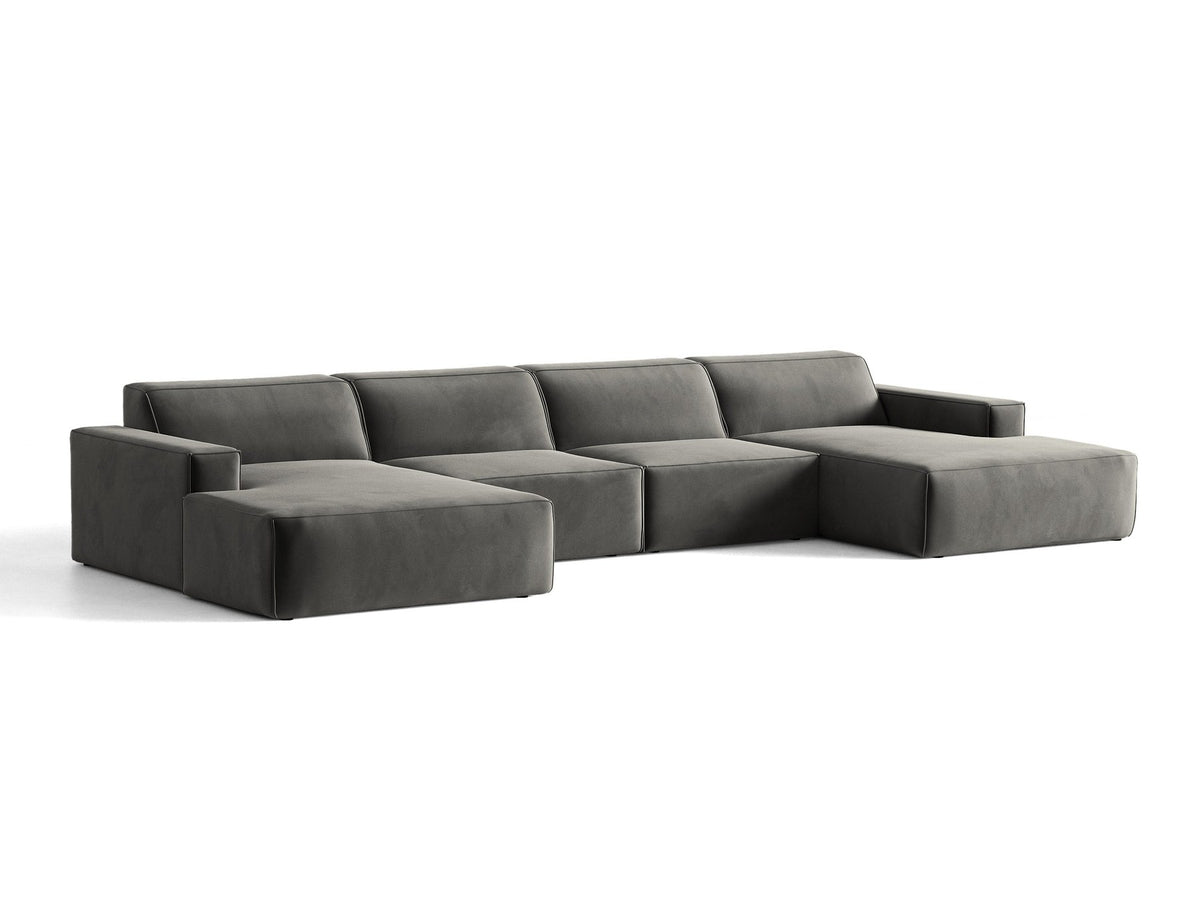 Modulares Panoramasofa Jodie von Micadoni, Ecksofa in Leichtes Beige mit Samtbezug Venus und schwarzen Kunststoffbeinen