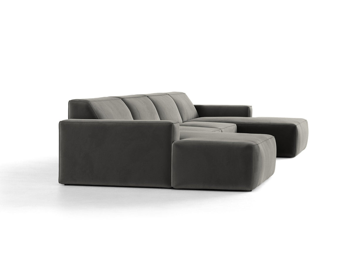 Modulares Panoramasofa Jodie von Micadoni, Ecksofa in Leichtes Beige mit Samtbezug Venus und schwarzen Kunststoffbeinen