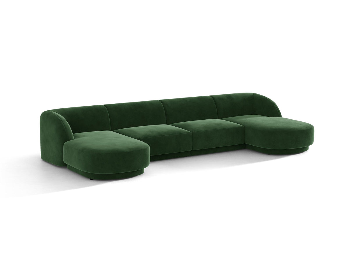 Dunkelbeiges Panorama-Ecksofa Miley von Micadoni mit Bluvel-Stoffbezug, L-Form, schwarzen Kunststoffbeinen und niedriger Rückenlehne.