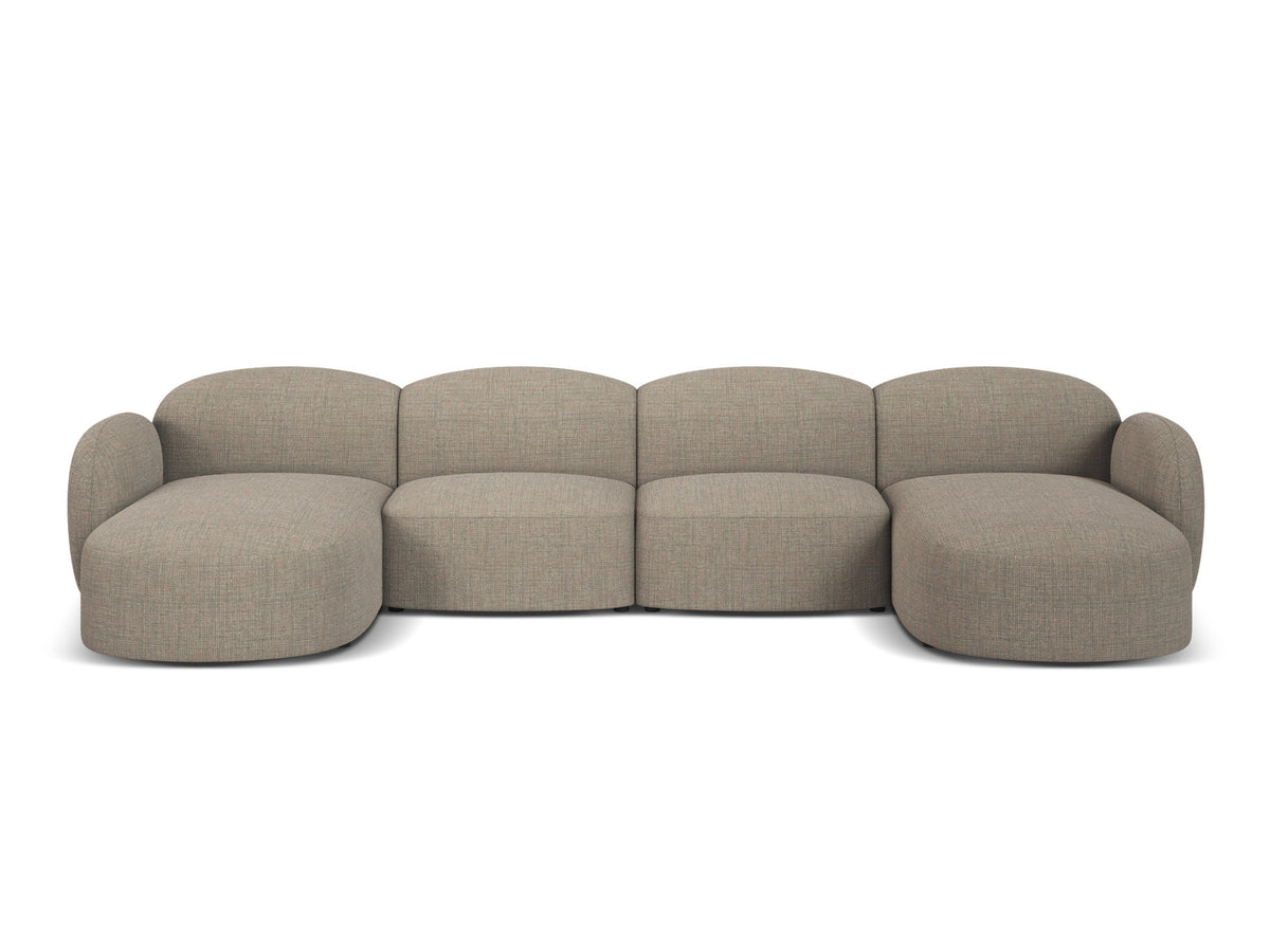 Blair Panoramasofa von Micadoni, 5er Sofa mit Massivholzrahmen, Chenille-Bezug Eden Beige und schwarzen Kunststoffbeinen, Ansicht von vorne.
