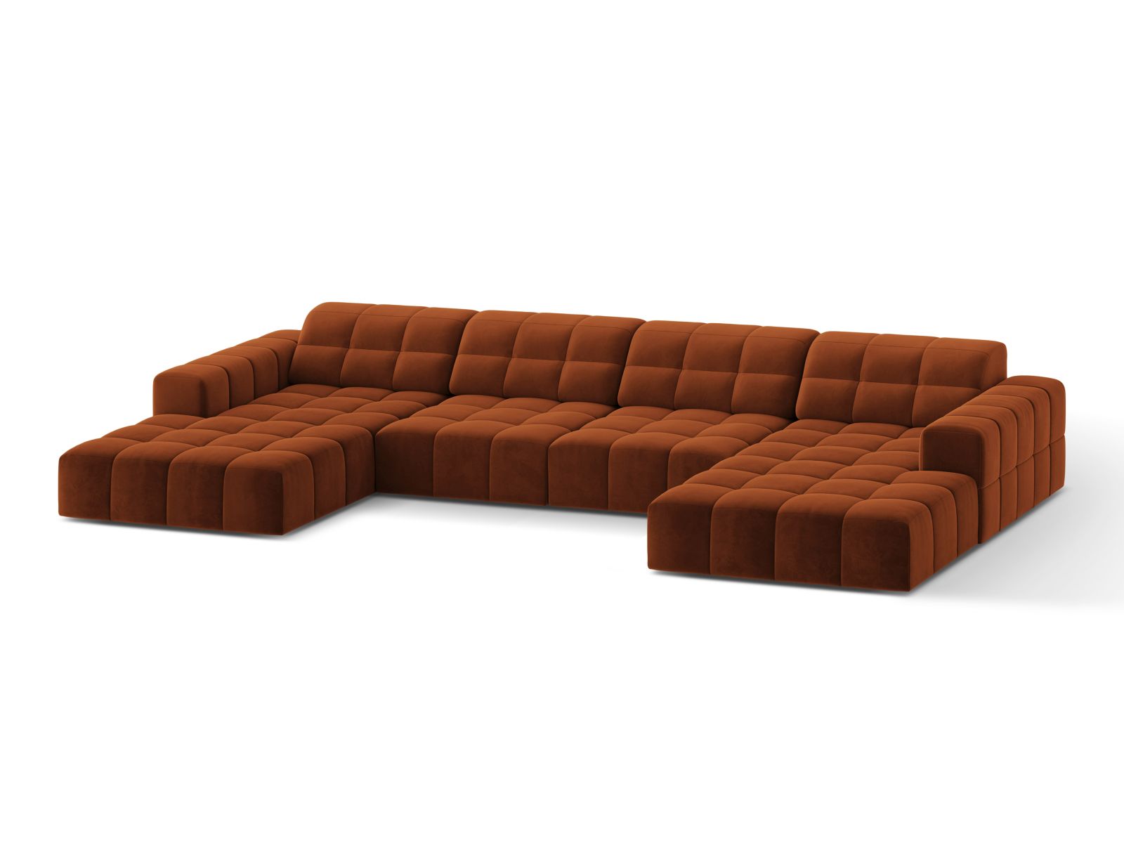 Elegantes 6-Sitzer Ecksofa Jennifer in warmem Terracotta-Bluvel, ideal für stilvolle Wohnräume und gesellige Abende.
