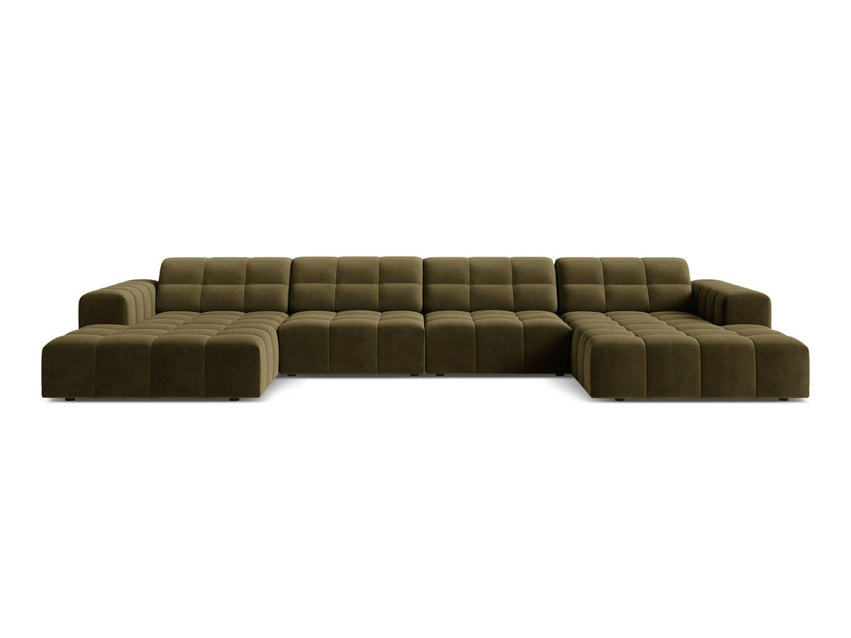 Panoramasofa Jennifer von Micadoni in leichtem Beige, grosses Ecksofa mit Stoffbezug Bluvel 22 und schwarzen Kunststoffbeinen.