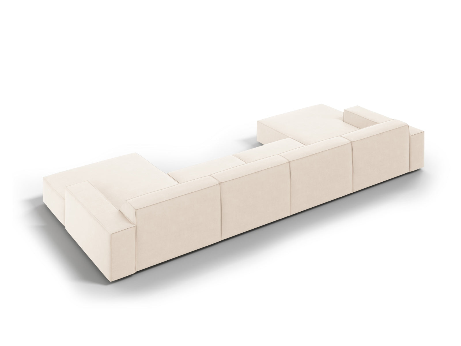 Elegantes modulares 6-Sitzer Sofa Jodie aus weichem Velours in sanftem Beige, ideal für stilvolle Wohnräume und entspannte Stunden.