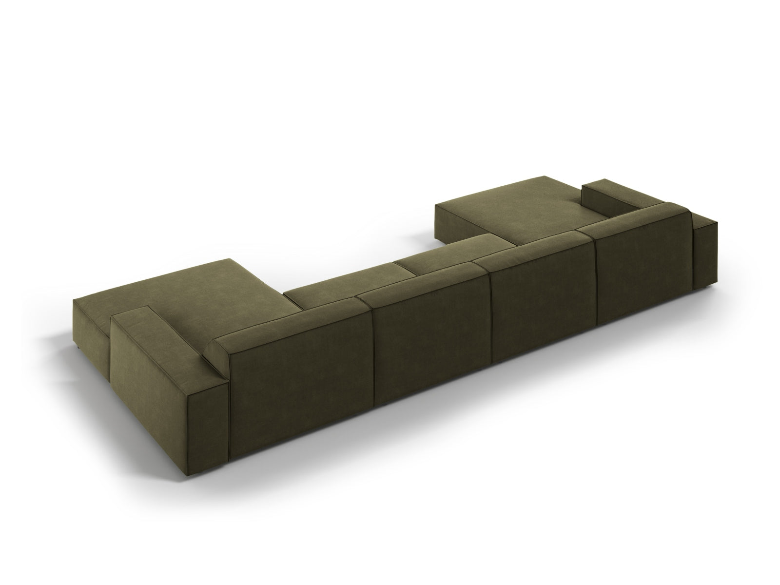 Elegantes modulares 6-Sitzer Sofa Jodie aus weichem Velours in modernem Green-Bluvel, ideal für gemütliche und stilvolle Wohnräume.