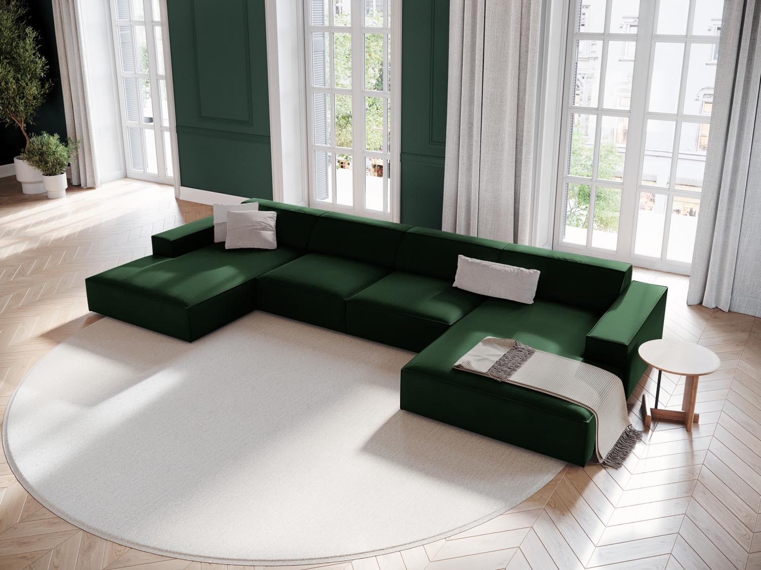 Elegantes Jodie Velour modulares Panoramic Sofa für 6 Personen in edlem Bottle Green-Bluvel, ideal für stilvolle Wohnräume.