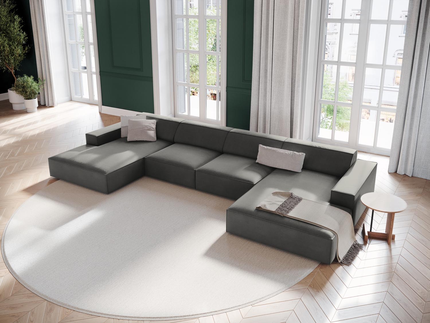 Elegantes Jodie Velour modulares Panoramic Sofa für 6 Personen in sanftem Hellgrau, ideal für stilvolle Wohnräume.