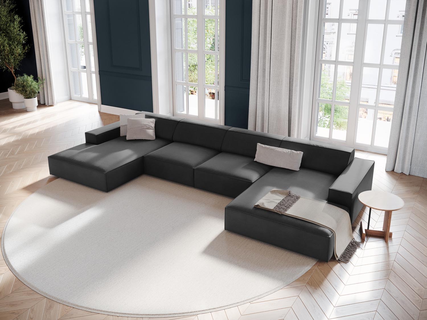 Elegantes Jodie Velour modulares Panoramic Sofa für 6 Personen in stilvollem Grey-Bluvel, ideal für moderne Wohnräume.