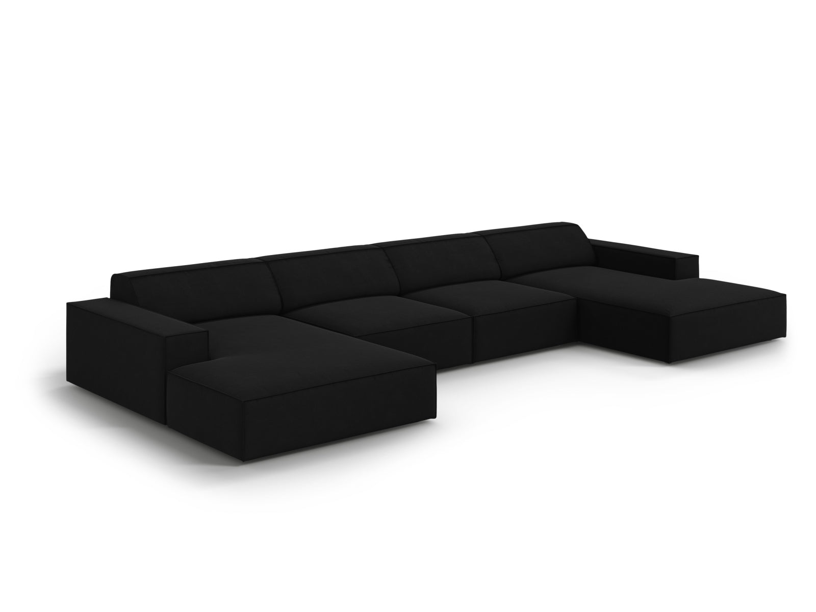 Modulares 6-Sitzer Sofa Jodie Velour in edlem Schwarz-Bluvel, perfekt für gemütliche Abende und stilvolle Einrichtung.