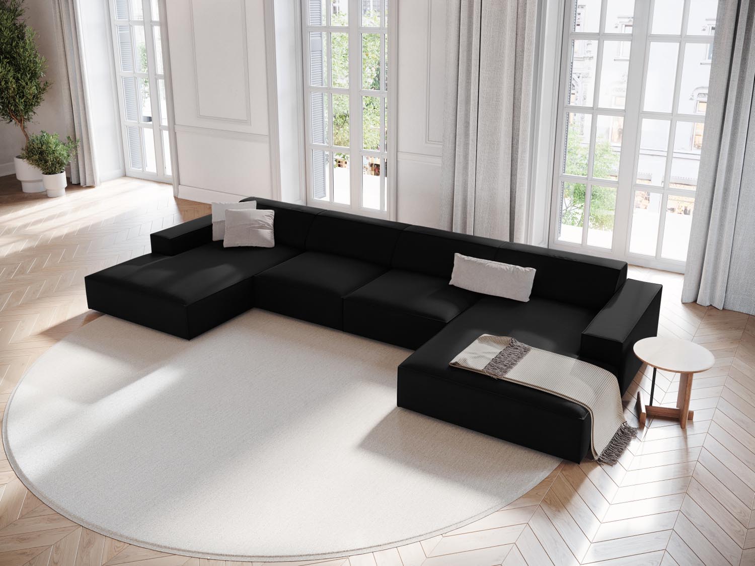 Elegantes Jodie Velour modulares Panoramic Sofa für 6 Personen in stilvollem Schwarz-Bluvel, ideal für moderne Wohnräume.