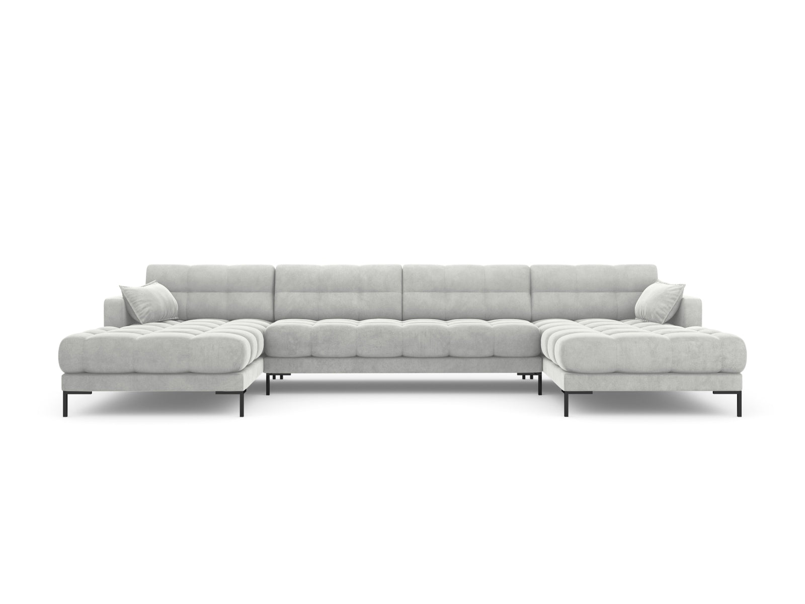 Luxuriöses 6-Sitzer Mamaia Velour Panoramic Sofa in edlem Silber und Schwarz-Bluvel, perfekt für stilvolle Wohnzimmergestaltung.