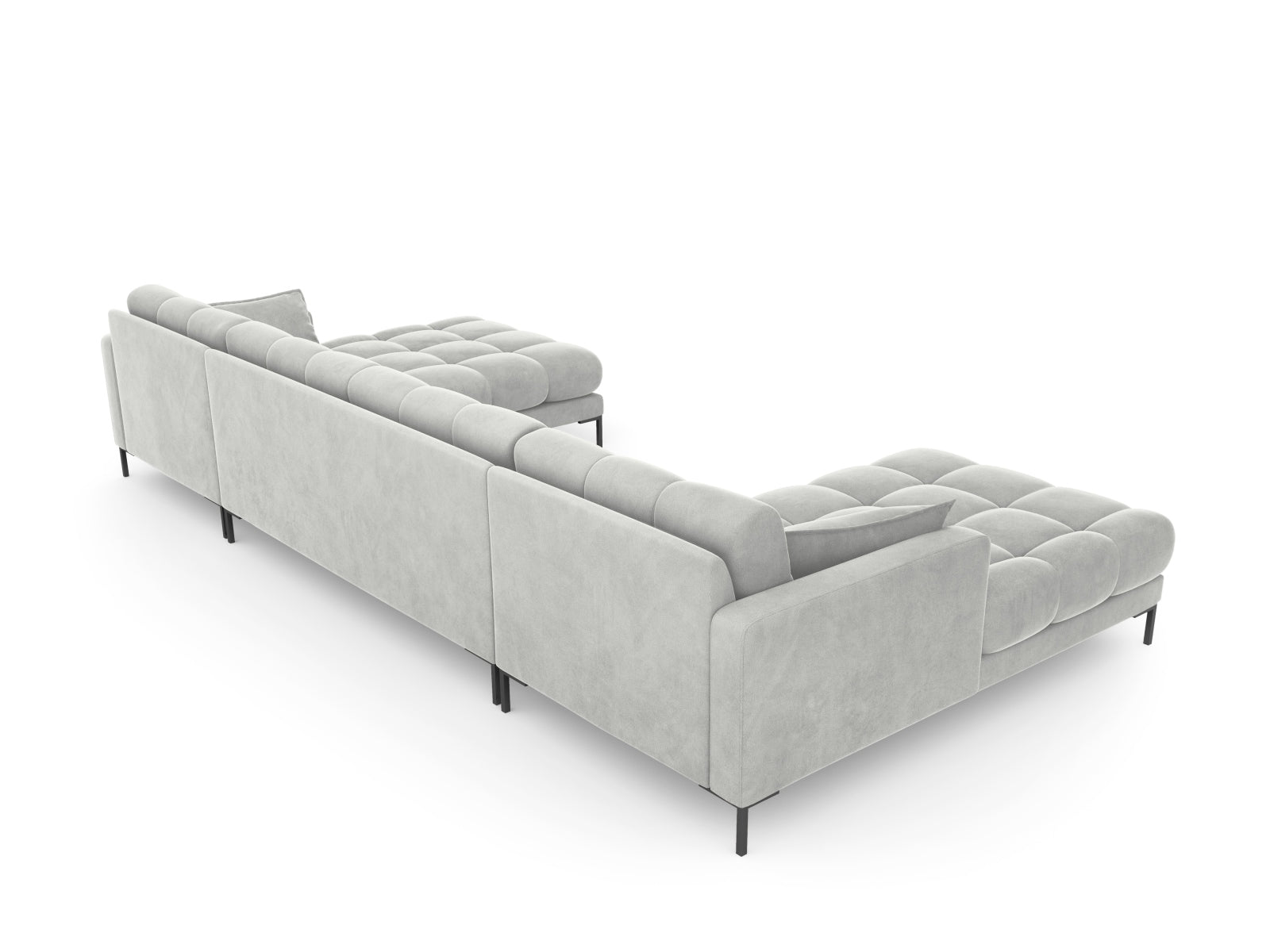 Stilvolles 6-Sitzer Velours Sofa Mamaia in edlem Silber und Schwarz-Bluvel, perfekt für gemütliche Zusammenkünfte und zeitgemäße Einrichtung.