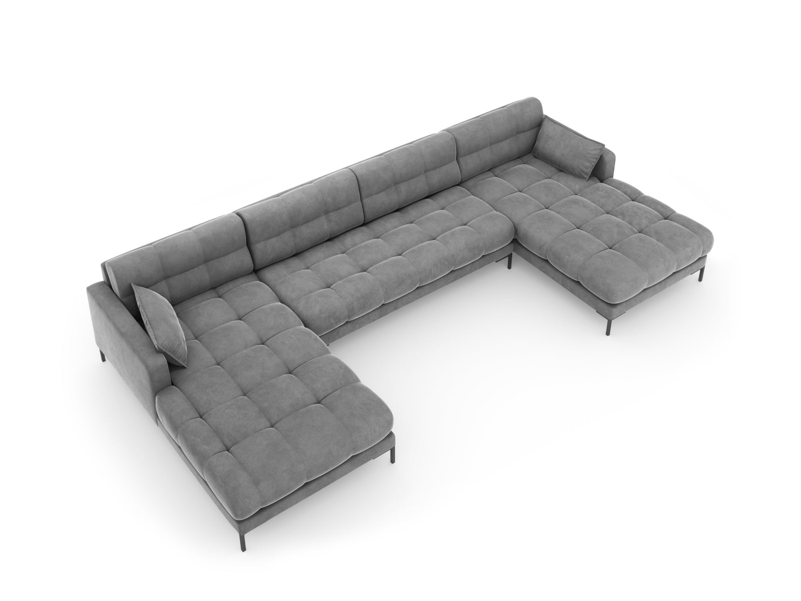 Elegantes 6-Sitzer Sofa Mamaia aus Velours mit Panoramadesign in zeitgemäßen Grautönen, ideal für gesellige Abende und stilvolle Einrichtung.